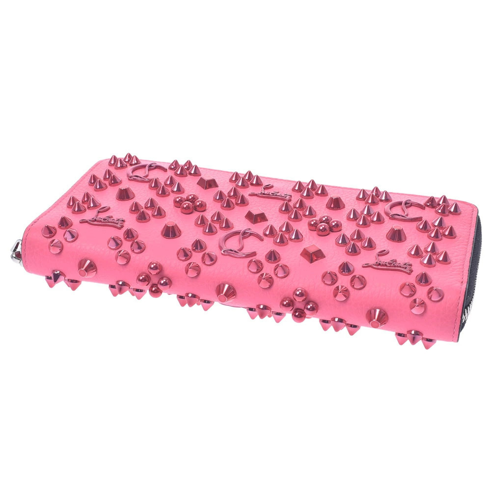 Christian Louboutin zipper studs round wallet pink spike long calfskin